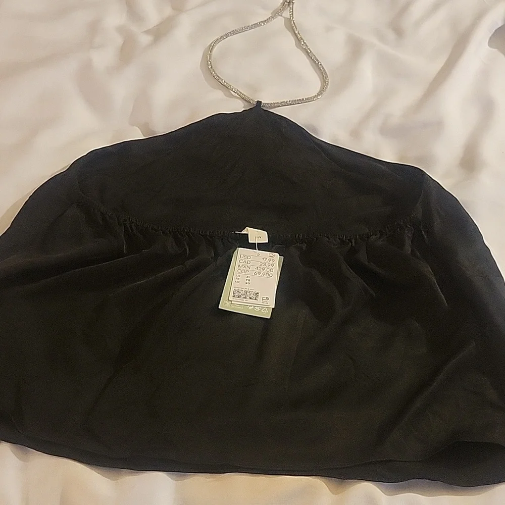 H & M Black Satin Halter with Rhinestone Neck Strap, Size: XL, NWT - Picture 3 of 11